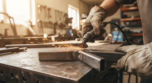 Master steel craftsman hand-finishing welded 45-degree angle steel joint