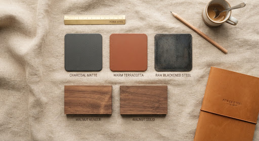 Steel color powder-coat swatches and hardwood samples